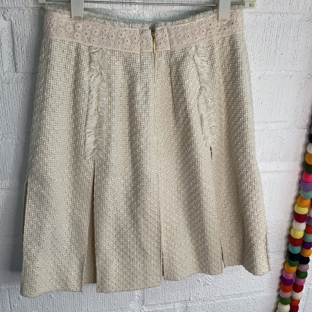 Tory Burch Tweed Fringe Pleated Knee Length Cream Skirt sz 0 - Picture 6 of 7